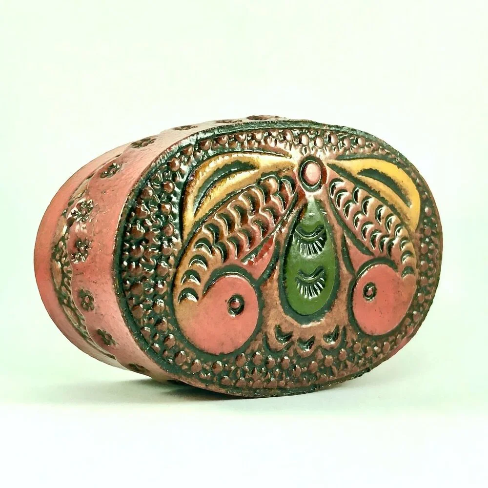 hand tooled leather trinket box butterfly moth folk art keepsake jewelry oval